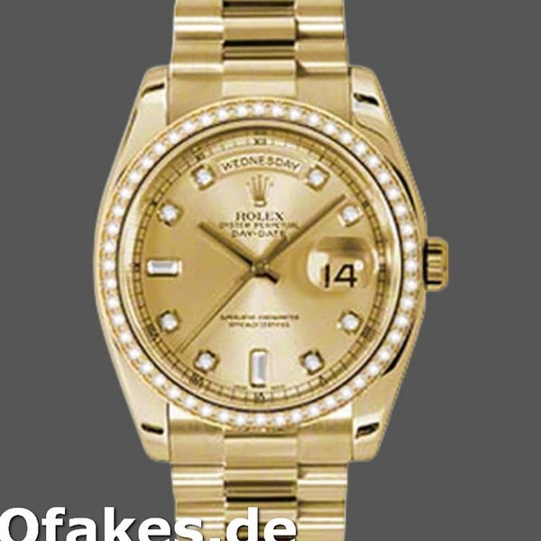 Super Clone Men's Rolex Day-Date 36mm Unisex-118348-Champagne Diamond Dial-Yellow Gold Champagne