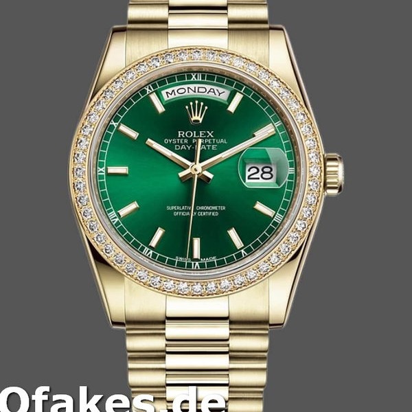 Super Clone Unisex's Rolex Day-Date 36mm Unisex-118348-Green Index Dial-Yellow Gold Green