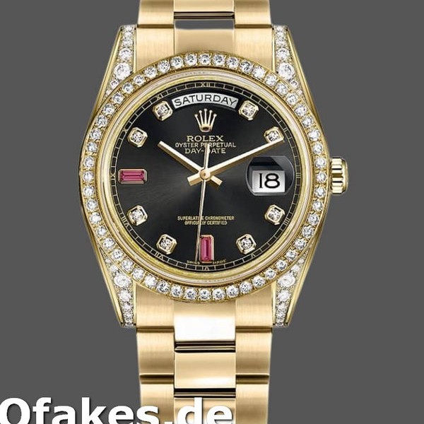 Super Clone Unisex's Rolex Day-Date 36mm Unisex-118388-Black Diamond-Rubies Dial Black