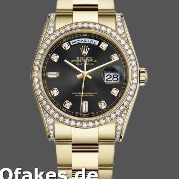 Super Clone Unisex's Rolex Day-Date 36mm Unisex-118388-Yellow Gold-Black Diamond Dial Black