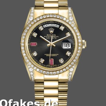 Super Clone Unisex's Rolex Day-Date 36mm Unisex-118388-Yellow Gold-Black Diamond Rubies Dial Black