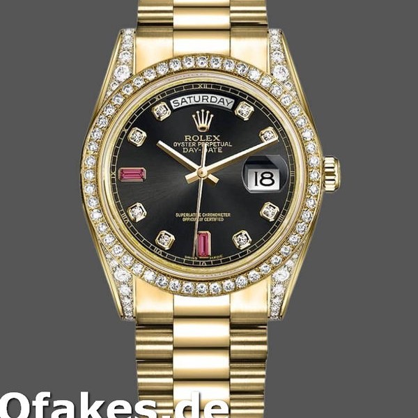 Super Clone Unisex's Rolex Day-Date 36mm Unisex-118388-Yellow Gold-Black Diamond Rubies Dial Black