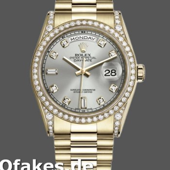 Super Clone Unisex's Rolex Day-Date 36mm Unisex-118388-Yellow Gold-Silver Diamond Dial Silver