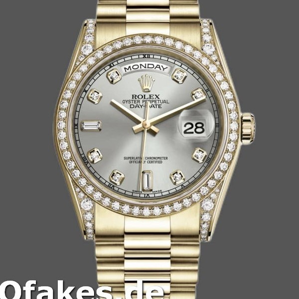 Super Clone Unisex's Rolex Day-Date 36mm Unisex-118388-Yellow Gold-Silver Diamond Dial Silver