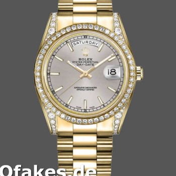 Super Clone Unisex's Rolex Day-Date 36mm Unisex-118388-Yellow Gold-Silver Index Dial Silver