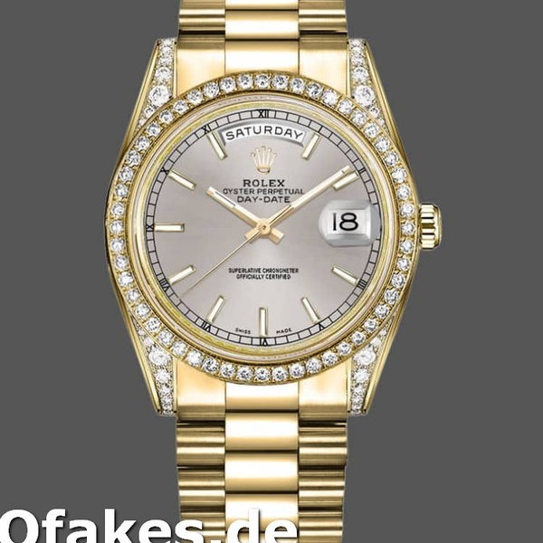 Super Clone Unisex's Rolex Day-Date 36mm Unisex-118388-Yellow Gold-Silver Index Dial Silver