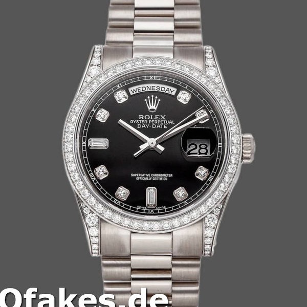 Super Clone Unisex's Rolex Day-Date 36mm Unisex-118389-White Gold-Black Diamond Dial Black<br />