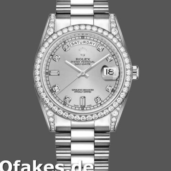 Super Clone Unisex's Rolex Day-Date 36mm Unisex-118389-White Gold-Silver Diamond Dial Silver
