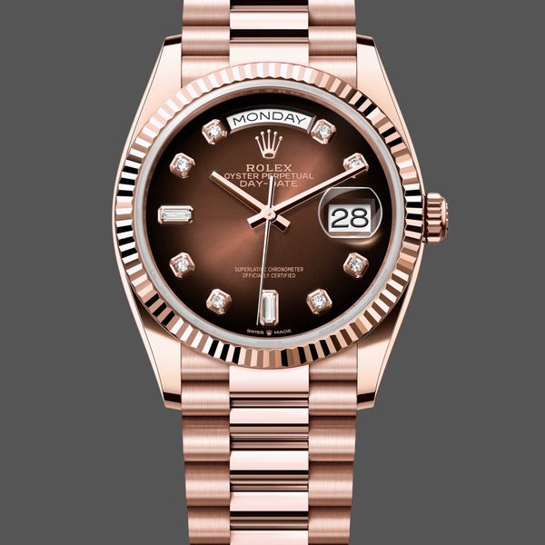 Super Clone Unisex's Rolex Day-Date 36mm Unisex-128235-Everose Gold-Brown Ombre Diamond Dial Brown