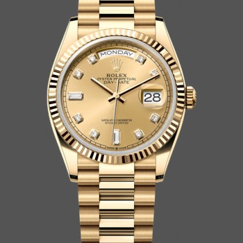 Super Clone Unisex's Rolex Day-Date 36mm Unisex-128238 0008-Fluted Bezel-Champagne Diamond Dial Champagne