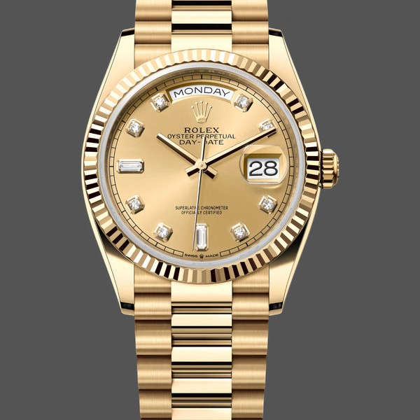 Super Clone Unisex's Rolex Day-Date 36mm Unisex-128238 0008-Fluted Bezel-Champagne Diamond Dial Champagne