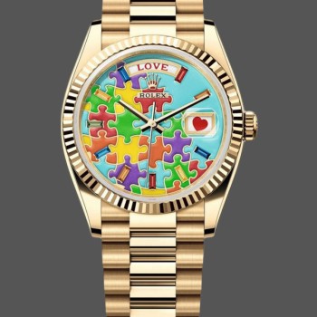 Super Clone Unisex's Rolex Day Date 36-128238-0106, Yellow Gold, Fluted Bezel, Emoji Puzzle Dial, Puzzle