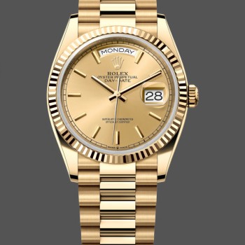 Super Clone Unisex's Rolex Day-Date 36mm Unisex-128238-Fluted Bezel-Champagne Index Dial Champagne
