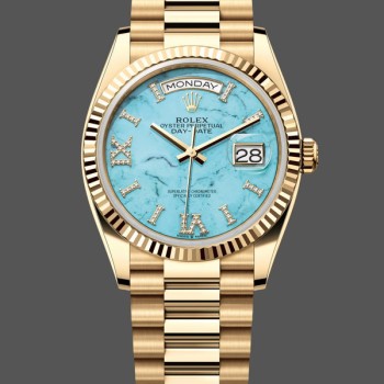 Super Clone Unisex's Rolex Day-Date 36mm Unisex-128238-Fluted Bezel-Turquoise Diamond Dial Turquoise