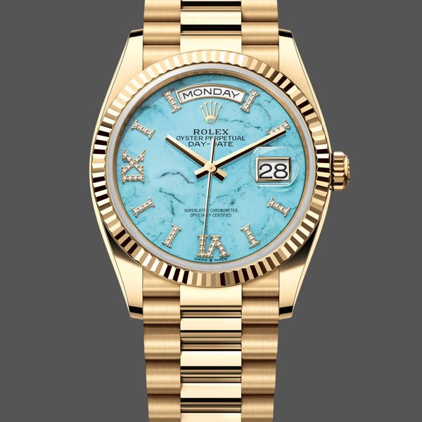 Super Clone Unisex's Rolex Day-Date 36mm Unisex-128238-Fluted Bezel-Turquoise Diamond Dial Turquoise
