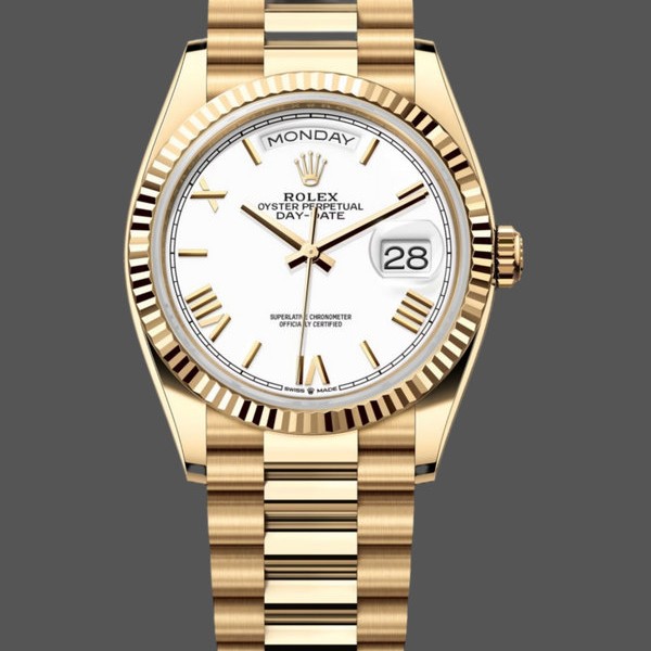 Super Clone Unisex's Rolex Day-Date 36mm Unisex-128238-Fluted Bezel-White Roman Dial White