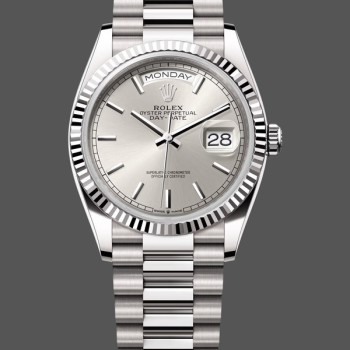 Super Clone Unisex's Rolex Day-Date 36mm Unisex-128239 0005-White Gold-Silver Index Dial Silver