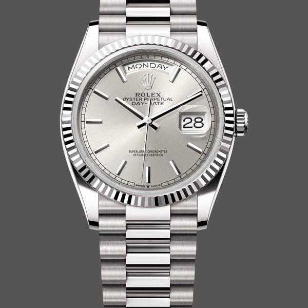 Super Clone Unisex's Rolex Day-Date 36mm Unisex-128239 0005-White Gold-Silver Index Dial Silver