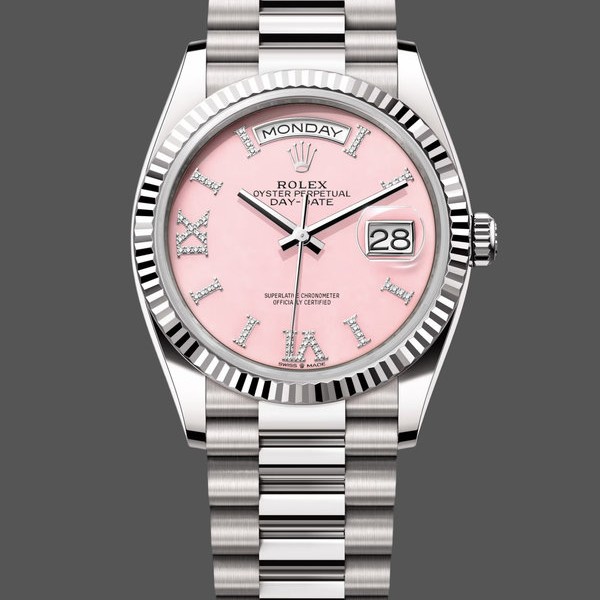 Super Clone Unisex's Rolex Day-Date 36mm Unisex-128239-White Gold-Pink Opal Dial Luxury