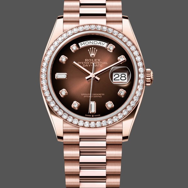 Super Clone Unisex's Rolex Day-Date 36mm Unisex-128345RBR-Brown Ombre Dial-Everose Gold Brown