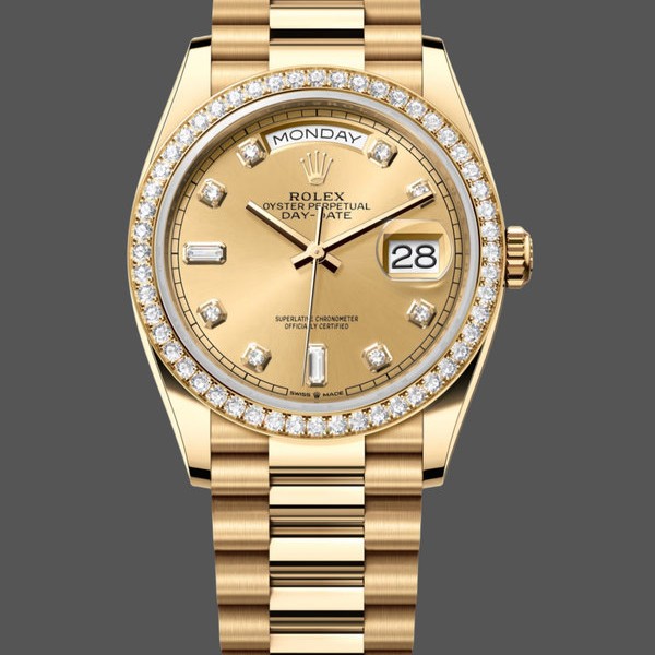 Super Clone Unisex's Rolex Day-Date 36mm Unisex-128348RBR-Champagne Diamond Dial-Yellow Gold Champagne