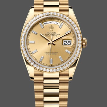 Super Clone Unisex's Rolex Day-Date 36mm Unisex-128348RBR-Champagne Index Dial-Yellow Gold Champagne