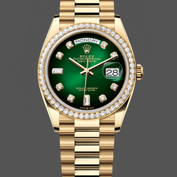 Super Clone Unisex's Rolex Day-Date 36mm Unisex-128348RBR-Green Ombre Diamond Dial-Yellow Gold Green Ombre