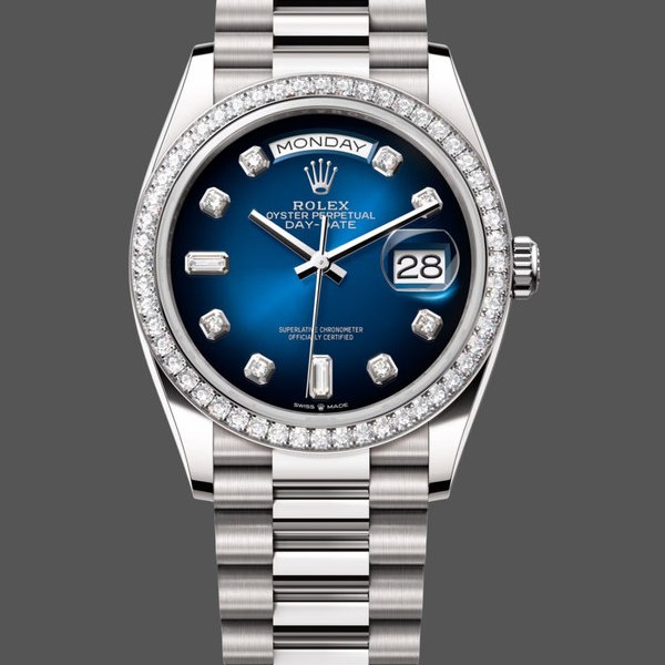 Super Clone Unisex's Rolex Day-Date 36mm Unisex-128349RBR 0010-Blue Ombre Dial-Diamond Bezel Blue