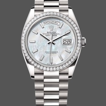 Super Clone Unisex's Rolex Day-Date 36mm Women's-128349RBR-White Mother of Pearl Dial-Diamond Bezel MOP
