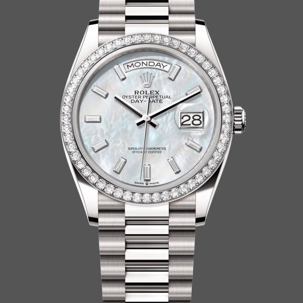 Super Clone Unisex's Rolex Day-Date 36mm Women's-128349RBR-White Mother of Pearl Dial-Diamond Bezel MOP