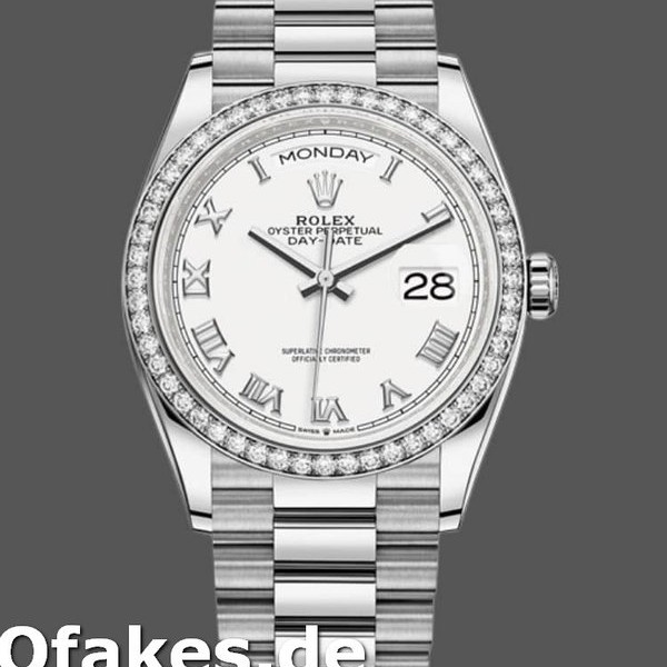 Super Clone Unisex's Rolex Day-Date 36mm Unisex-128349RBR-White Roman Dial-Diamond Bezel White