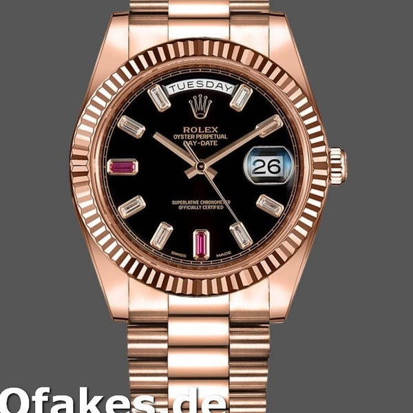 Super Clone Men's Rolex Day-Date-218235, 41mm, Rose Gold, Black Dial with Diamonds and Rubies, Men’s Black