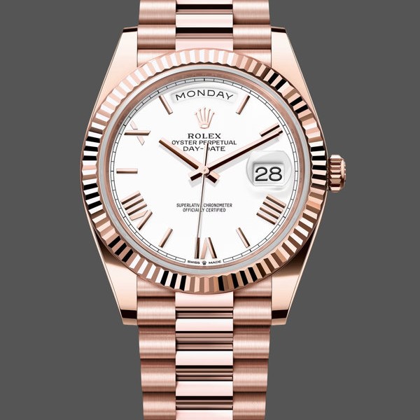 Super Clone Men's Rolex Day-Date-228235, 40mm, White Roman Numeral Dial, Fluted Bezel, Men’s White