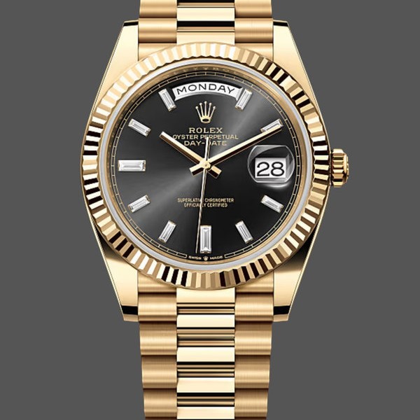 Super Clone Men's Rolex Day-Date-228238, 40mm, Black Diamond Dial, Fluted Bezel, Men’s Black