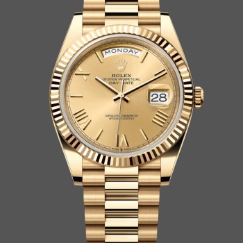 Super Clone Men's Rolex Day-Date-228238, 40mm, Champagne Roman Dial, Fluted Bezel, Men’s Champagne