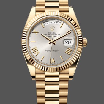Super Clone Men's Rolex Day-Date-228238, 40mm, Silver Roman Dial, Fluted Bezel, Men’s Silver