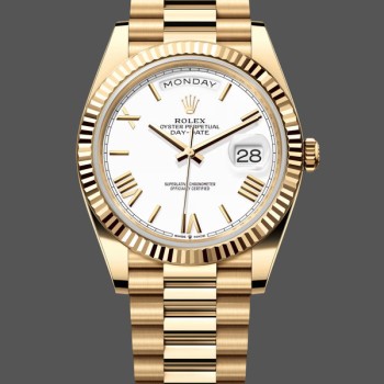 Super Clone Men's Rolex Day-Date-228238, 40mm, White Roman Dial, Fluted Bezel, Men’s White