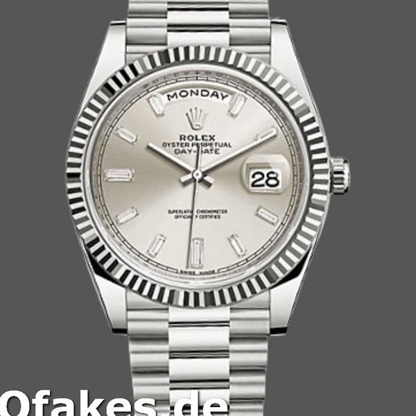 Super Clone Men's Rolex Day-Date-228239, 40mm, Silver Baguette Diamond Dial, Fluted Bezel, Men’s Silver