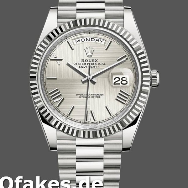 Super Clone Men's Rolex Day-Date-228239, 40mm, Silver Quadrant Motif Roman Dial, Fluted Bezel, Men’s Silver