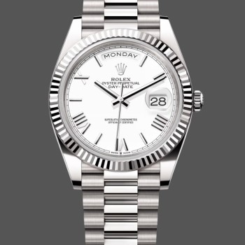 Super Clone Men's Rolex Day-Date-228239, 40mm, White Roman Dial, Fluted Bezel, Men’s White