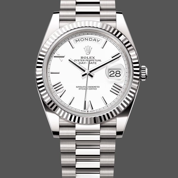 Super Clone Men's Rolex Day-Date-228239, 40mm, White Roman Dial, Fluted Bezel, Men’s White