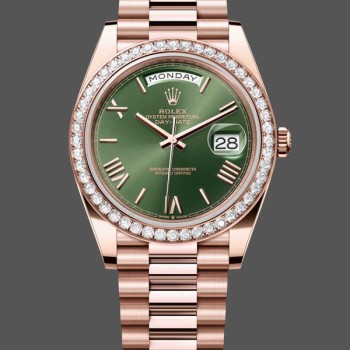 Super Clone Men's Rolex Day‑Date-228345RBR 0011, 40mm, Olive Green Roman Dial, Diamond Bezel, Men’s Olive Green