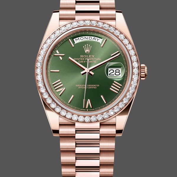 Super Clone Men's Rolex Day‑Date-228345RBR 0011, 40mm, Olive Green Roman Dial, Diamond Bezel, Men’s Olive Green