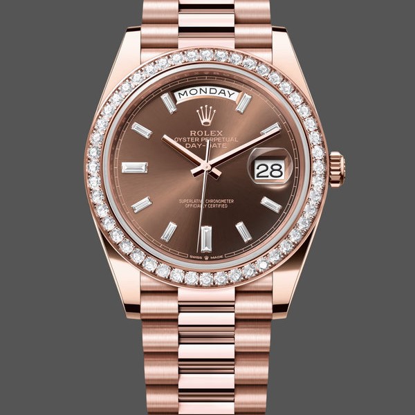 Super Clone Men's Rolex Day‑Date-228345RBR, 40mm, Chocolate Brown, Diamond Dial, Diamond Bezel, Men’s Chocolate Brown
