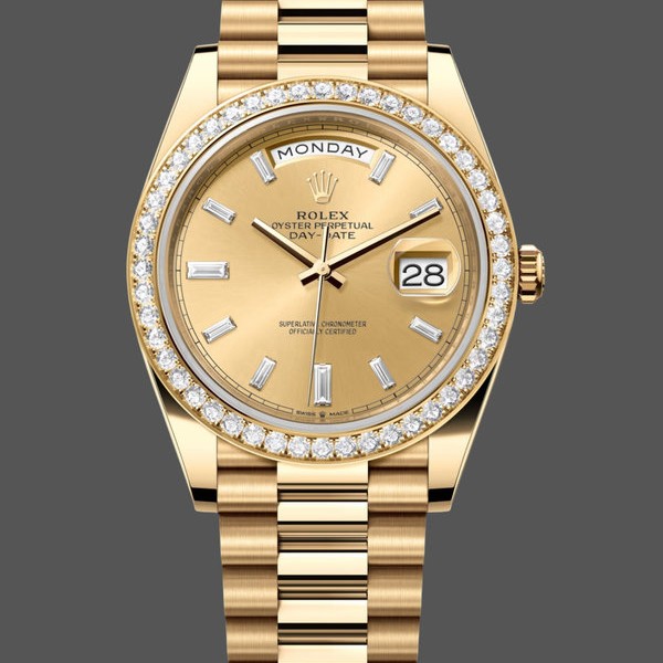 Super Clone Men's Rolex Day‑Date-228348RBR, 40mm, Champagne, Diamond Dial, Diamond Bezel, Men’s Champagne