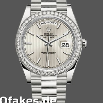 Super Clone Men's Rolex Day‑Date-228349RBR, 40mm, Silver Stripe Motif Dial, Diamond Bezel, Men’s Silver