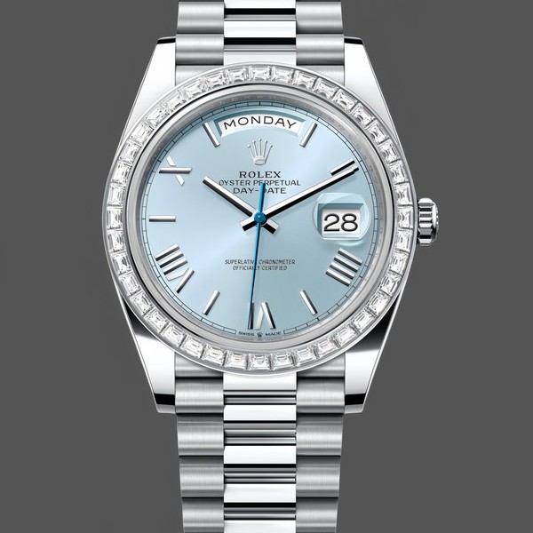 Super Clone Men's Rolex Day‑Date-228396TBR 0030, 40mm, Ice Blue Dial, Platinum, Diamond Bezel, Men’s Ice Blue