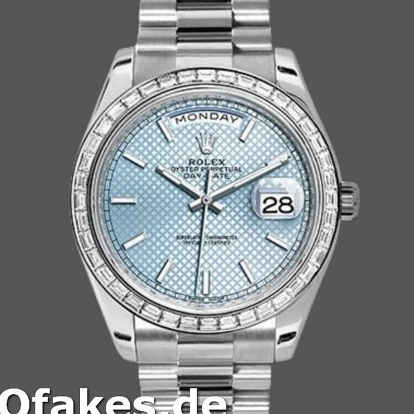 Super Clone Men's Rolex Day-Date-228396TBR, 40mm, Ice Blue Diagonal Motif Dial, Diamond Bezel, Men’s Ice Blue