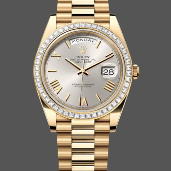 Super Clone Men's Rolex Day-Date-228398TBR, 40mm, Silver Roman Numeral Dial, Diamond Bezel, Men’s Silver