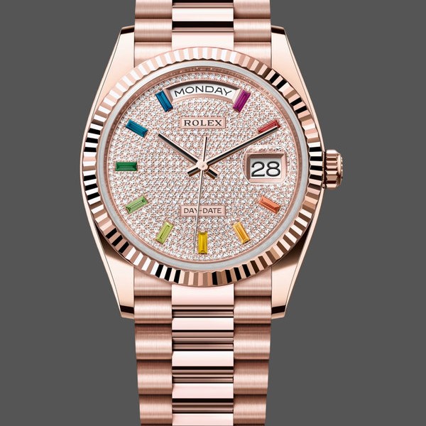 Super Clone Unisex's Rolex Day Date 36-m128396TBR 0019, Diamond Bezel, Ice Blue Roman Dial, Ice Blue Dial
